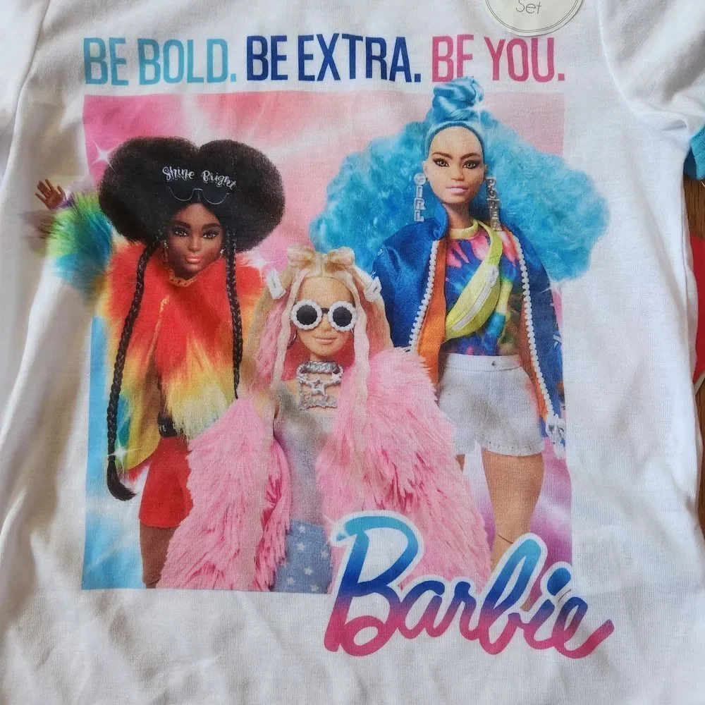 Barbie 2pc Pajamas Girls Size Medium 7-8 Long Pants Short Sleeve T-Shirt Top